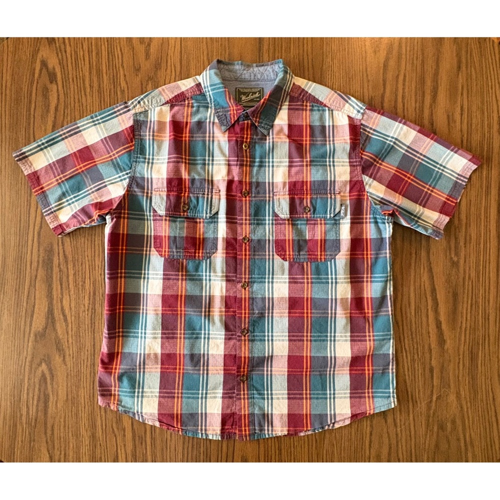 Woolrich Mens Button‎ Up Shirt Large Red Blue Plaid Short Sleeve Ripstop Cotton